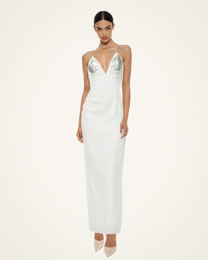 Ayliua Sweetheart-Neckline Rhinestones Embellished White Long Dress - White