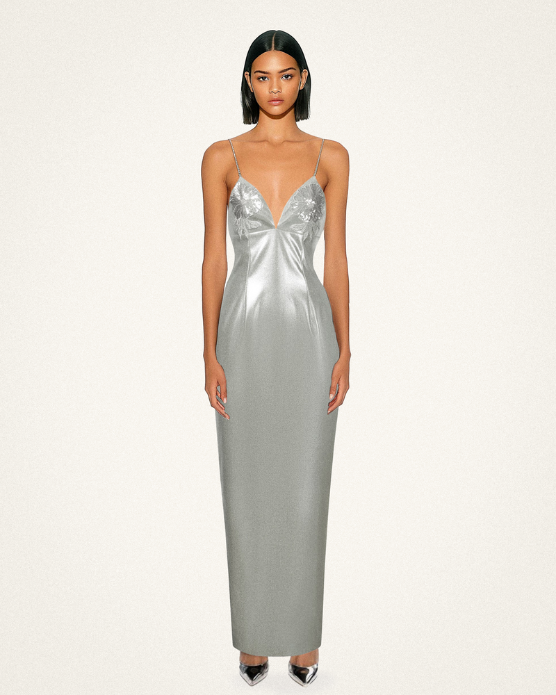 Ayliua Sweetheart-Neckline Rhinestones Embellished Silver Long Dress - Silver