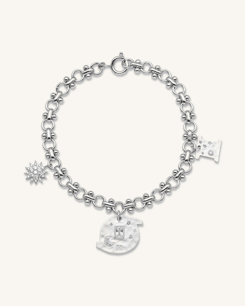 Cosmos Round Multi Charm Bracelet - 18ct White Gold Plated & White Zircon