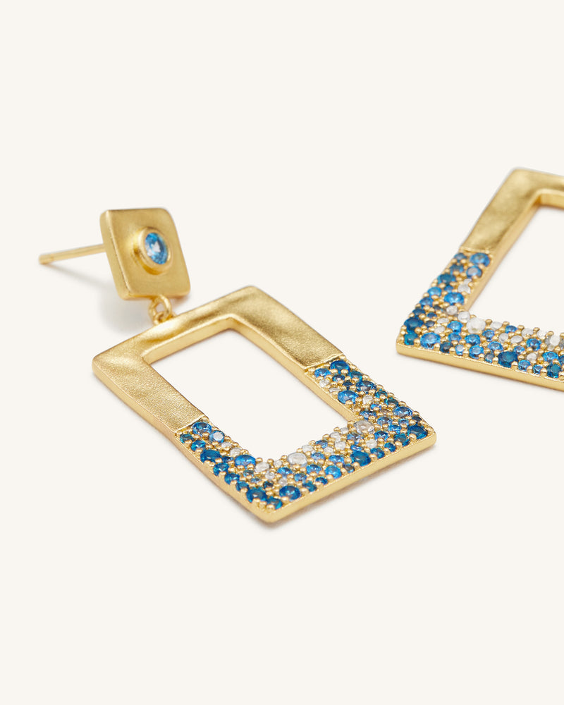 Geometrical Openwork Rectangle Earrings - 18ct Gold Plated & Sea Blue Nano