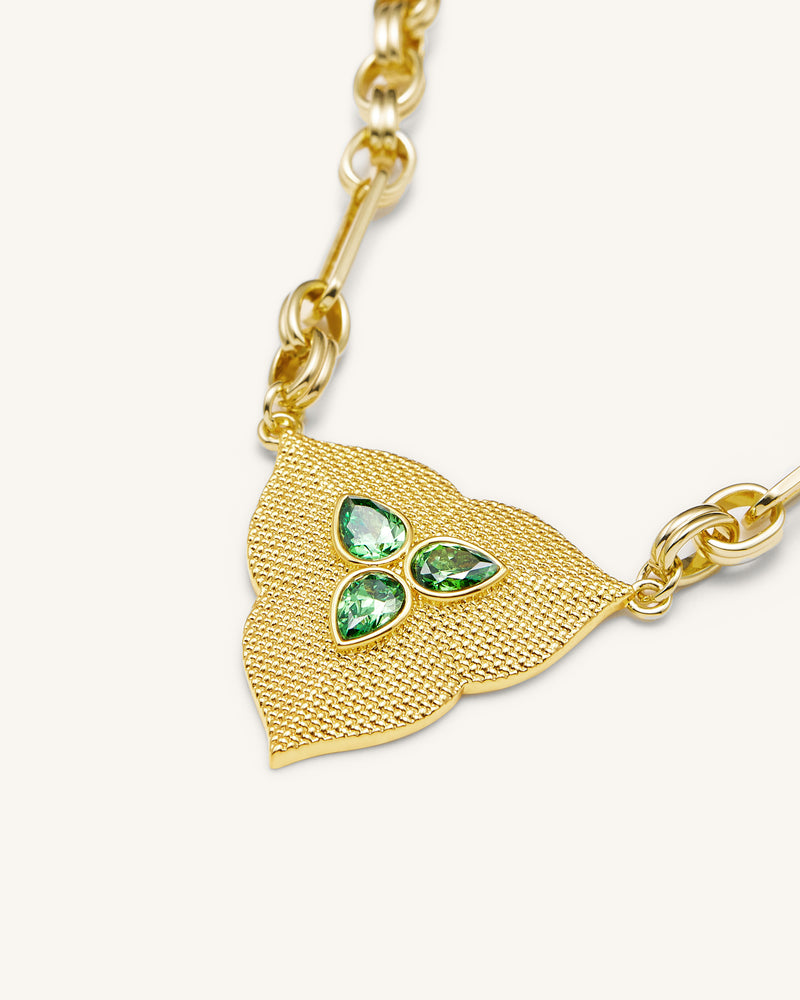 Leaf Pendant Necklace - 18ct Gold Plated & Dark Green Zircon